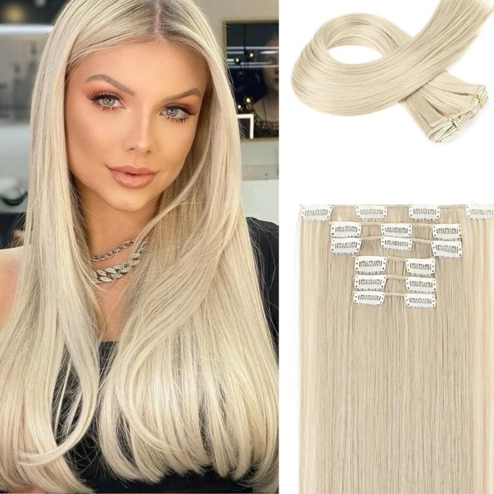 New 6PC Clip-in Hair Extensions 24" Long Straight  Platinum Blonde